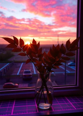 A vase with leafy branches sits on a window sill