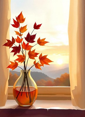 Fall leaves in a vase by a sunset window