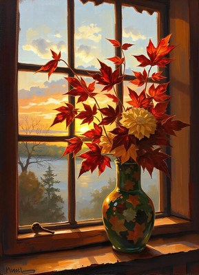 Fall leaves in a vase by a sunset window