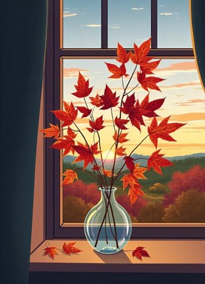 Autumn leaves in a vase on a windowsill with a sunset view