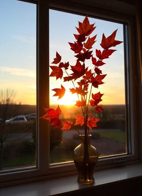 Autumn leaves glow in a vase on the windowsill