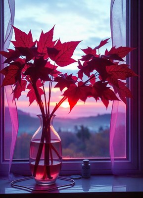 Red leaves in a vase by the window at sunset