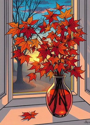 Red maple leaves in a vase by a window at sunset