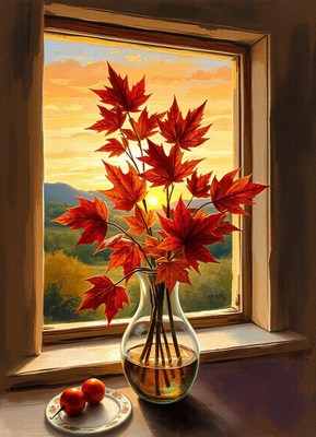 Red maple leaves in a vase by the window at sunset