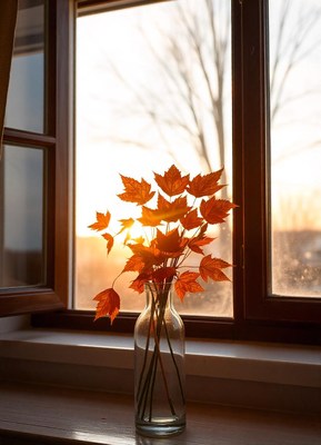 Autumn leaves in a vase by a window