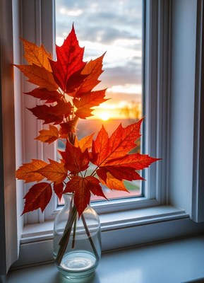 Red and orange leaves in a vase by the window