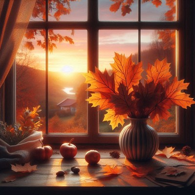A vase of orange leaves sits on a wooden windowsill