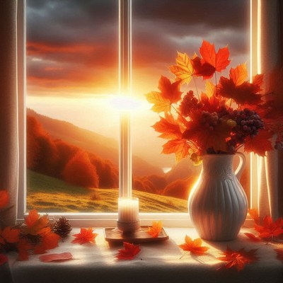A vase filled with autumn leaves sits on a windowsill