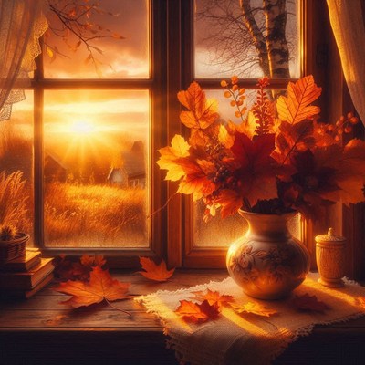 Fall leaves in a vase by the sunset window