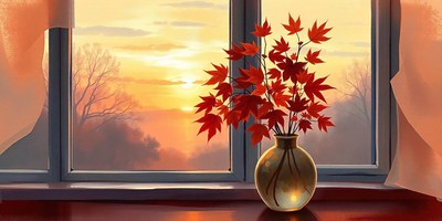 Red leaves in a vase are placed on a windowsill