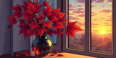 Red maple leaves in a vase by a window overlooking a sunset
