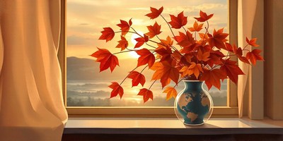 Red leaves in a vase on a windowsill with a sunset view