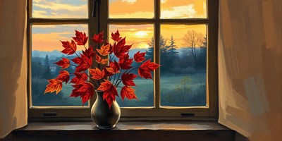 A vase with red leaves sits on a windowsill