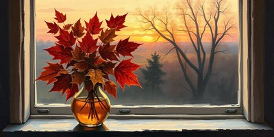 Vase of autumn leaves by a sunset window