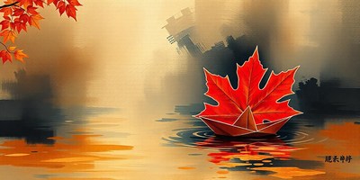 A red leaf boat floats on a calm lake