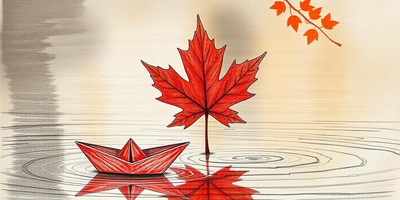 A red paper boat floats in water with a red maple leaf