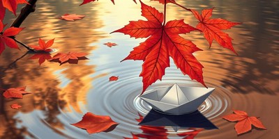 A paper boat floats in a pond with red maple leaves