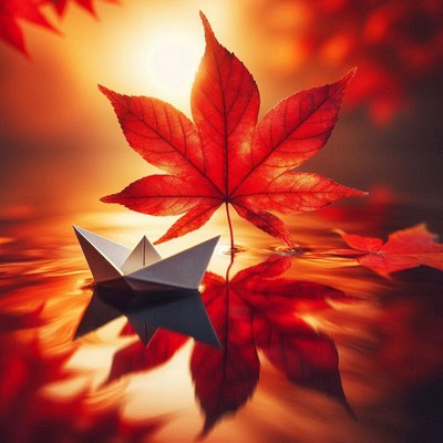 A red maple leaf drifts by a paper boat