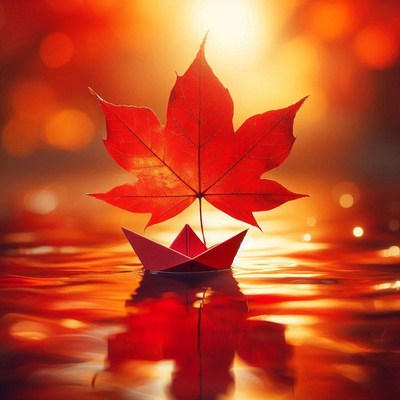 A red maple leaf sails a paper boat on a golden pond