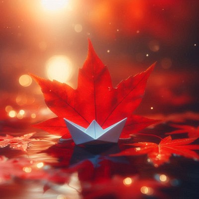 A paper boat floats in a puddle with red maple leaves