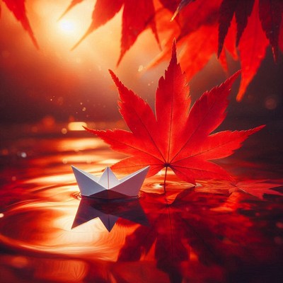 A paper boat floats beneath a red maple leaf at sunset