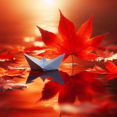 A paper boat floats on water surrounded by red maple leaves