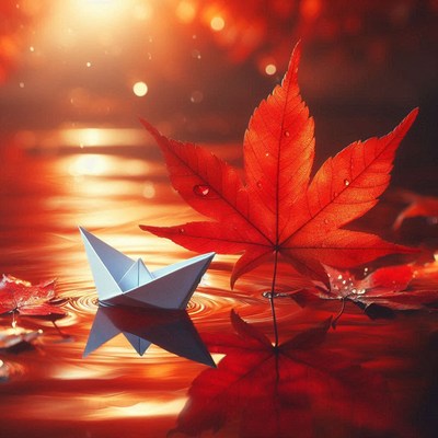 A paper boat floats in a puddle with a red maple leaf