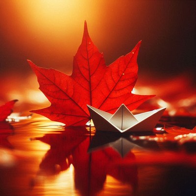 A paper boat floats on a puddle under a red maple leaf