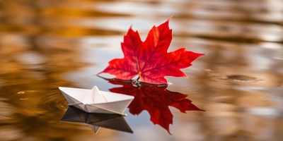 A red maple leaf floats on the water with a paper boat