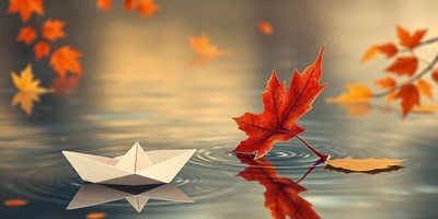 A paper boat floats in a pond with falling autumn leaves