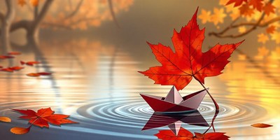 A red paper boat floats on a calm lake with autumn leaves