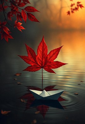 A red maple leaf floats above a paper boat in a still pond