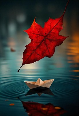 A red leaf falls into a still pond with a paper boat