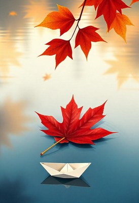Red maple leaf above a white boat on a calm lake