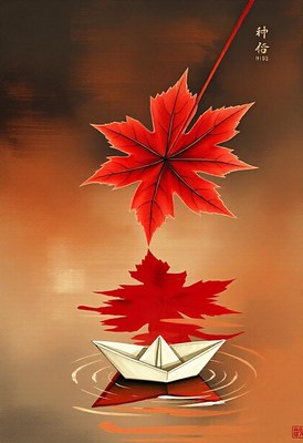 A red maple leaf falls over a paper boat in a calm pond
