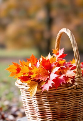 A wicker basket filled with colorful autumn leaves