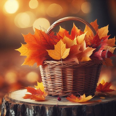 A basket of autumn leaves rests on a stump