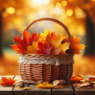 A wicker basket of leaves sits on a wooden table