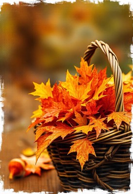 A basket filled with colorful autumn leaves