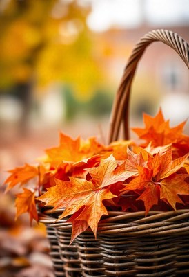 A wicker basket filled with orange leaves sits on the ground