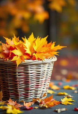 A wicker basket filled with fall leaves sits on a table