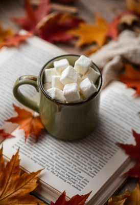 Hot chocolate with marshmallows on an open book