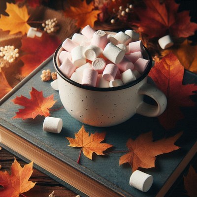 A mug of marshmallows rests on a book with leaves