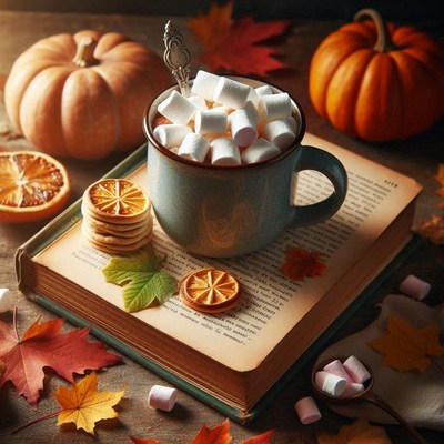 Cozy fall with hot chocolate, marshmallows, and a book