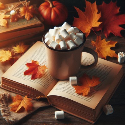 Hot cocoa with marshmallows on a book, autumn leaves