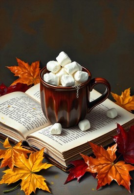 A mug of marshmallows sits on a book with autumn leaves