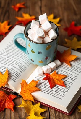 Hot cocoa with marshmallows on a book and leaves