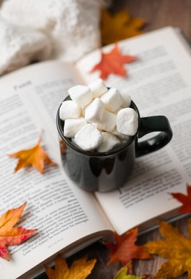 Hot cocoa with marshmallows on a book, leaves near