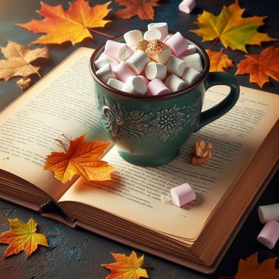 Hot chocolate with marshmallows on a book, autumn leaves
