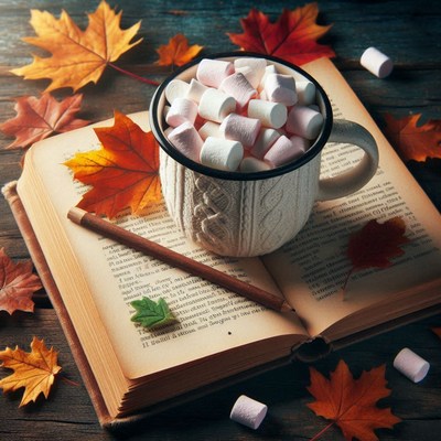 A mug filled with marshmallows sits on top of an open book
